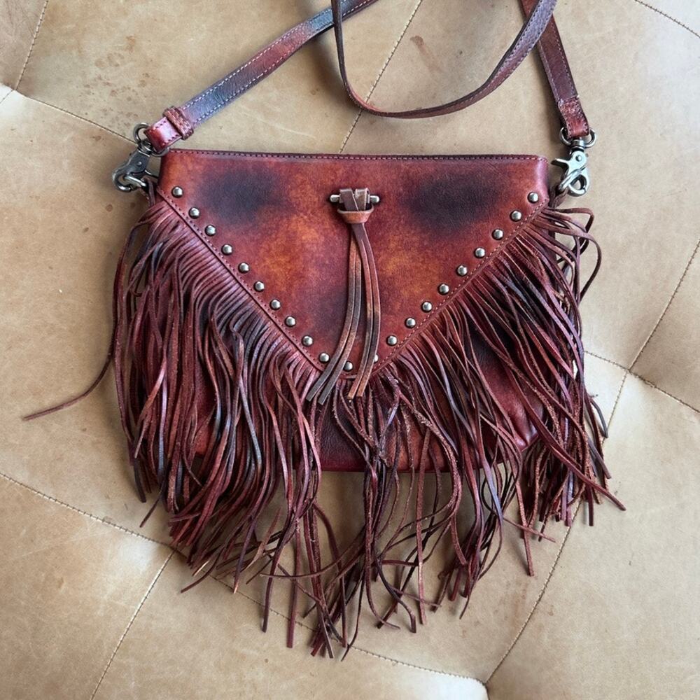 Leather Fringe Crossbody Bag Brown Distressed Studded Western Boho Festival